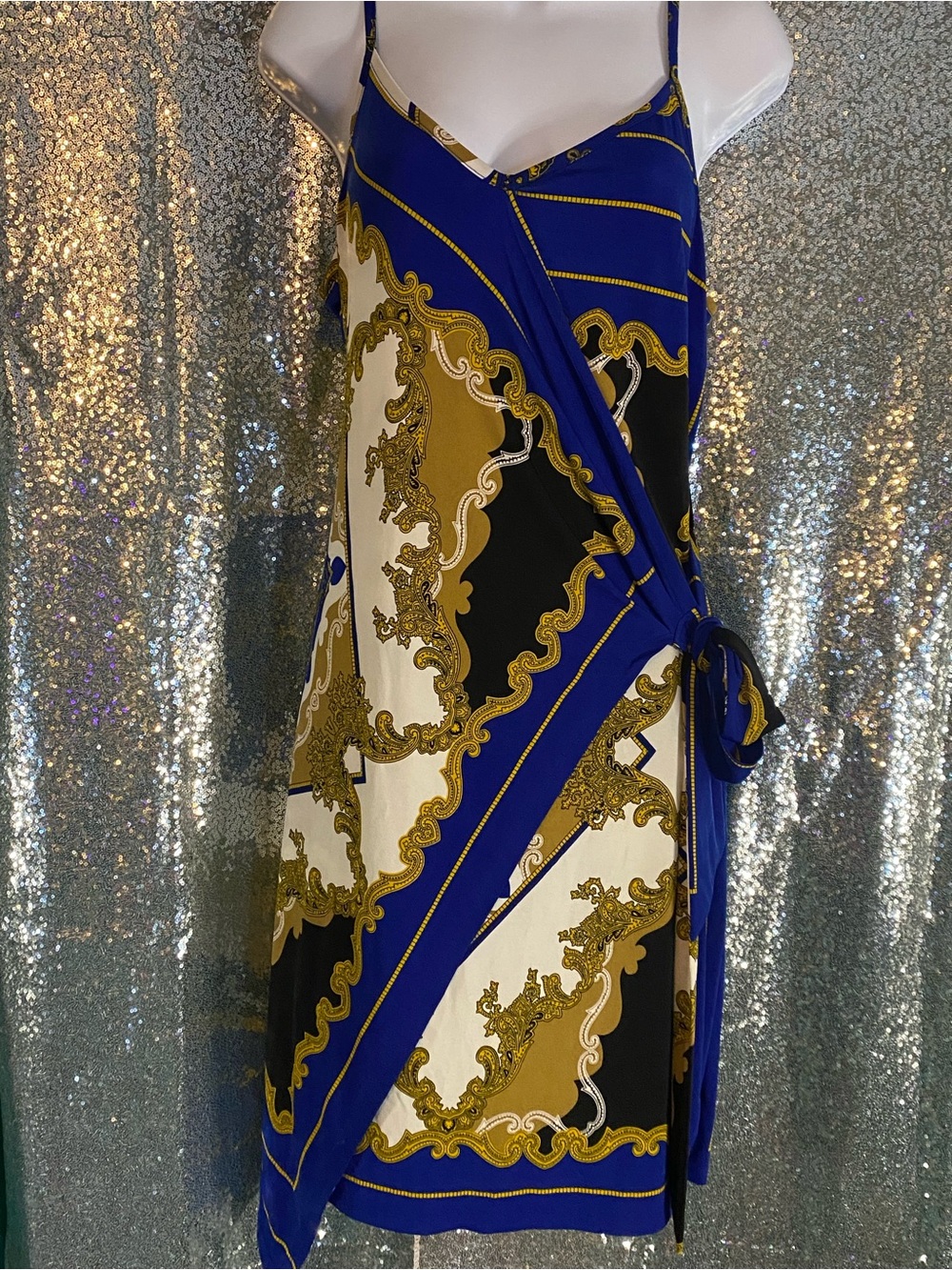 EST. 1946 Sleeveless ✨💙Cobalt Blue & ✨💛 Gold Scarf-Print Wrap Dress-Size M.